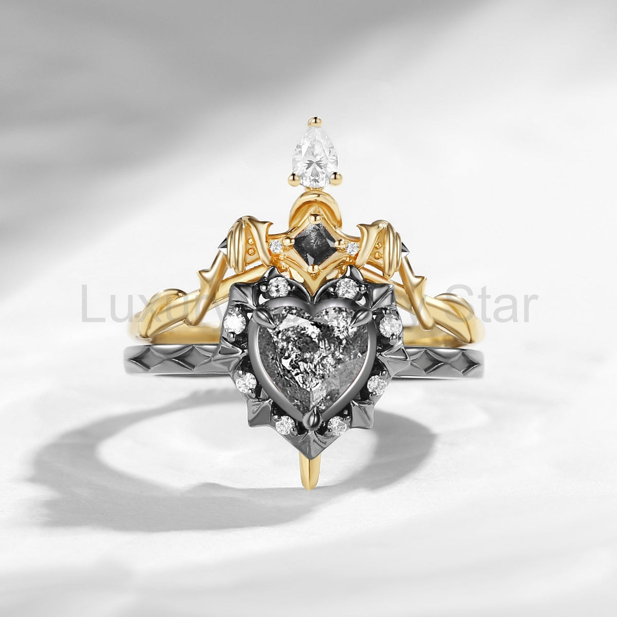 'Cupid's Arrow' - Gothic Heart Cut Salt & Pepper Diamond Heart Sword Ring Alternative Bridal Set
