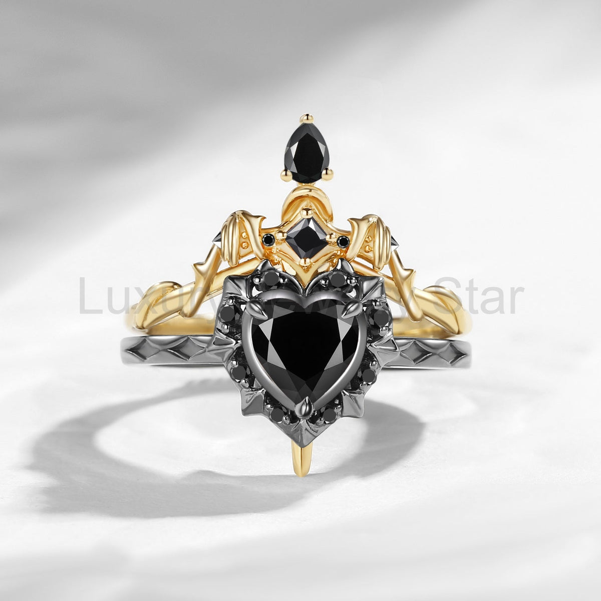 'Cupid's Arrow' - Heart Cut Natural Black Diamond Heart Sword Ring Alternative Bridal Set - image 2