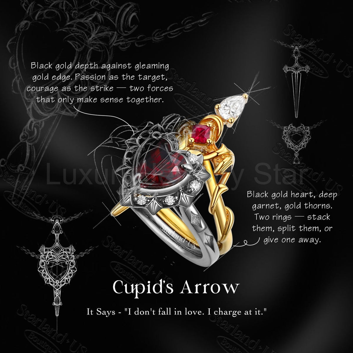 'Cupid's Arrow' - Heart Cut Natural Black Diamond Heart Sword Ring Alternative Bridal Set - image 3