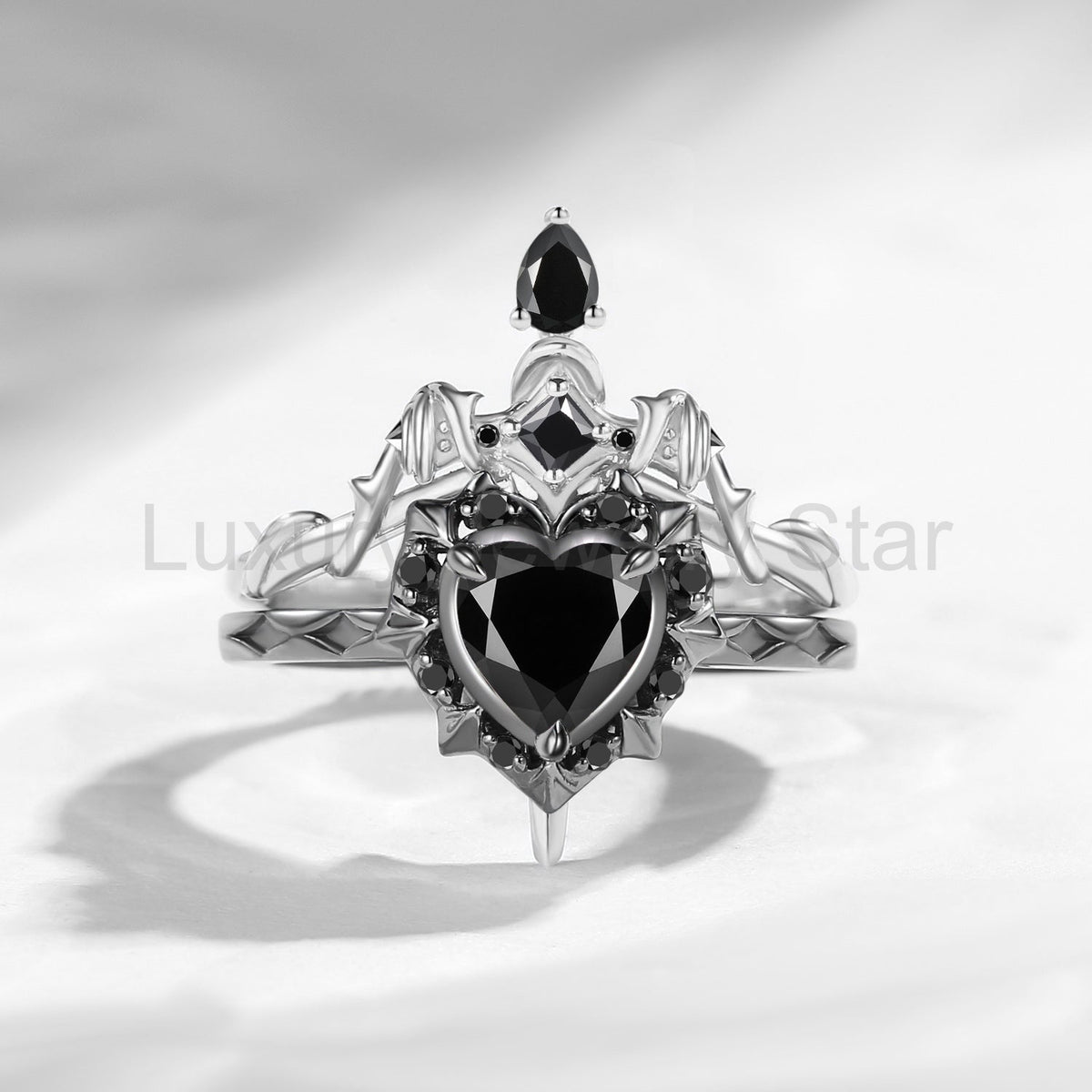 'Cupid's Arrow' - Heart Cut Natural Black Diamond Heart Sword Ring Alternative Bridal Set - image 5