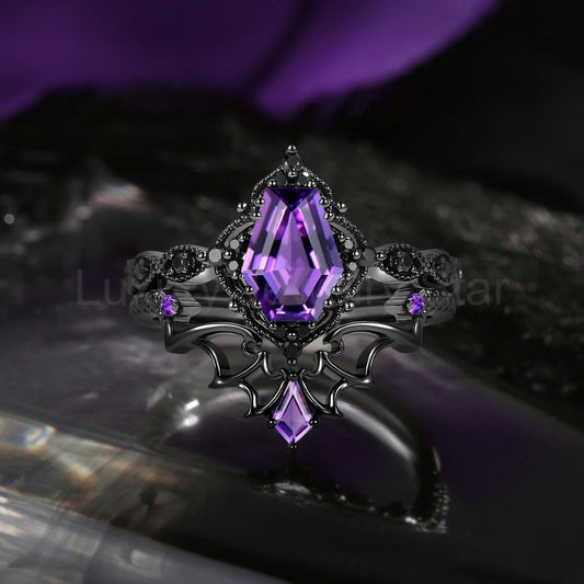 'Dark Romance' - Gothic Coffin Cut Amethyst Engagement Ring Set with Bat Wings in Black Gold