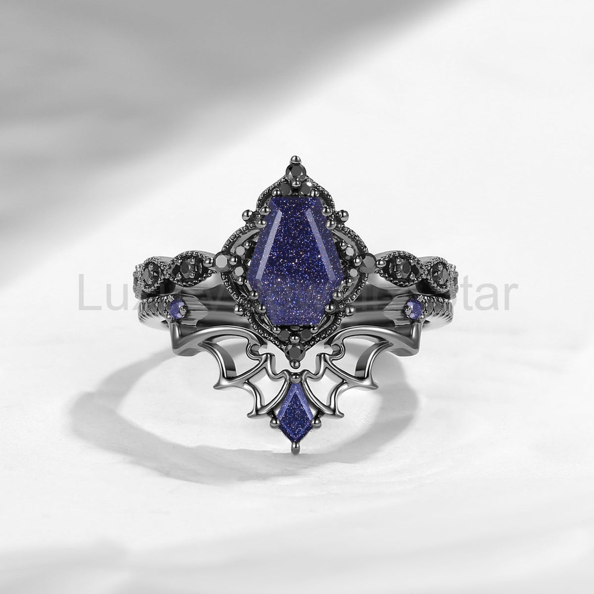 'Dark Romance' - Gothic Coffin Cut Amethyst Engagement Ring Set with Bat Wings in Black - image 10