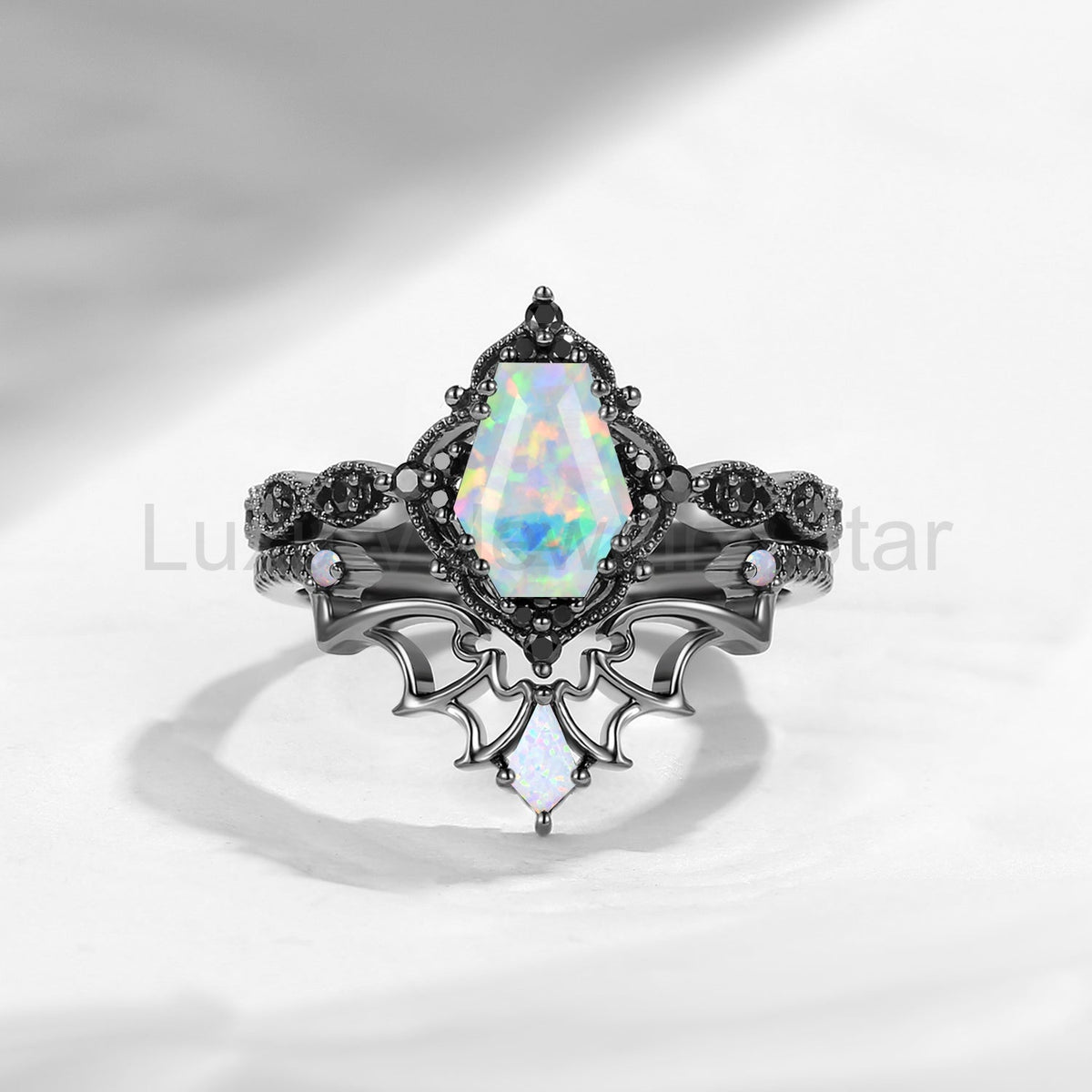 'Dark Romance' - Gothic Coffin Cut Amethyst Engagement Ring Set with Bat Wings in Black - image 15