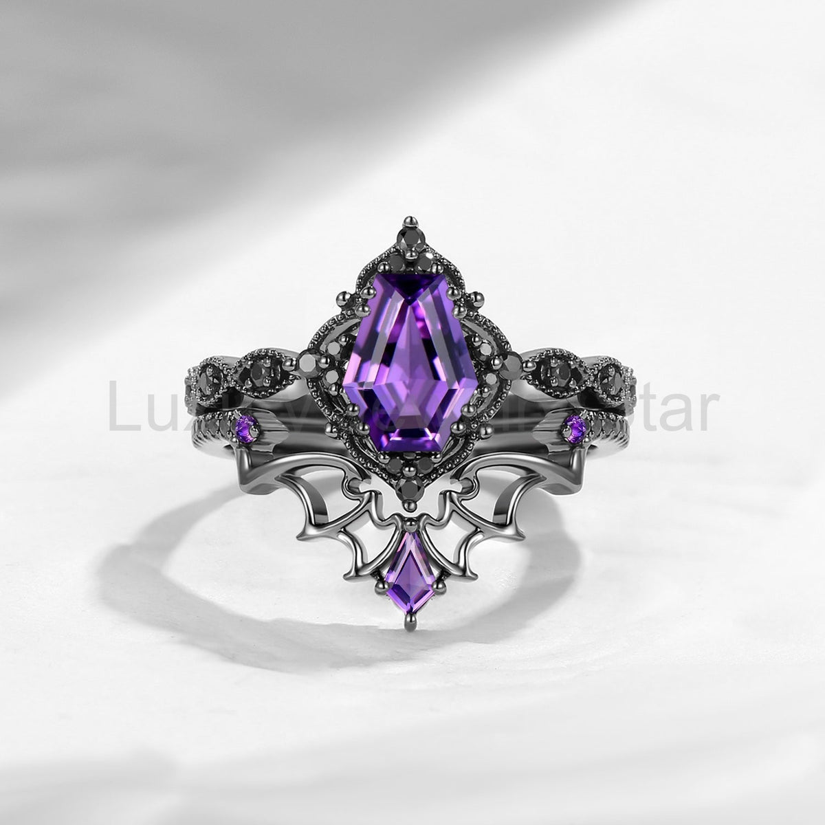'Dark Romance' - Gothic Coffin Cut Amethyst Engagement Ring Set with Bat Wings in Black - image 22