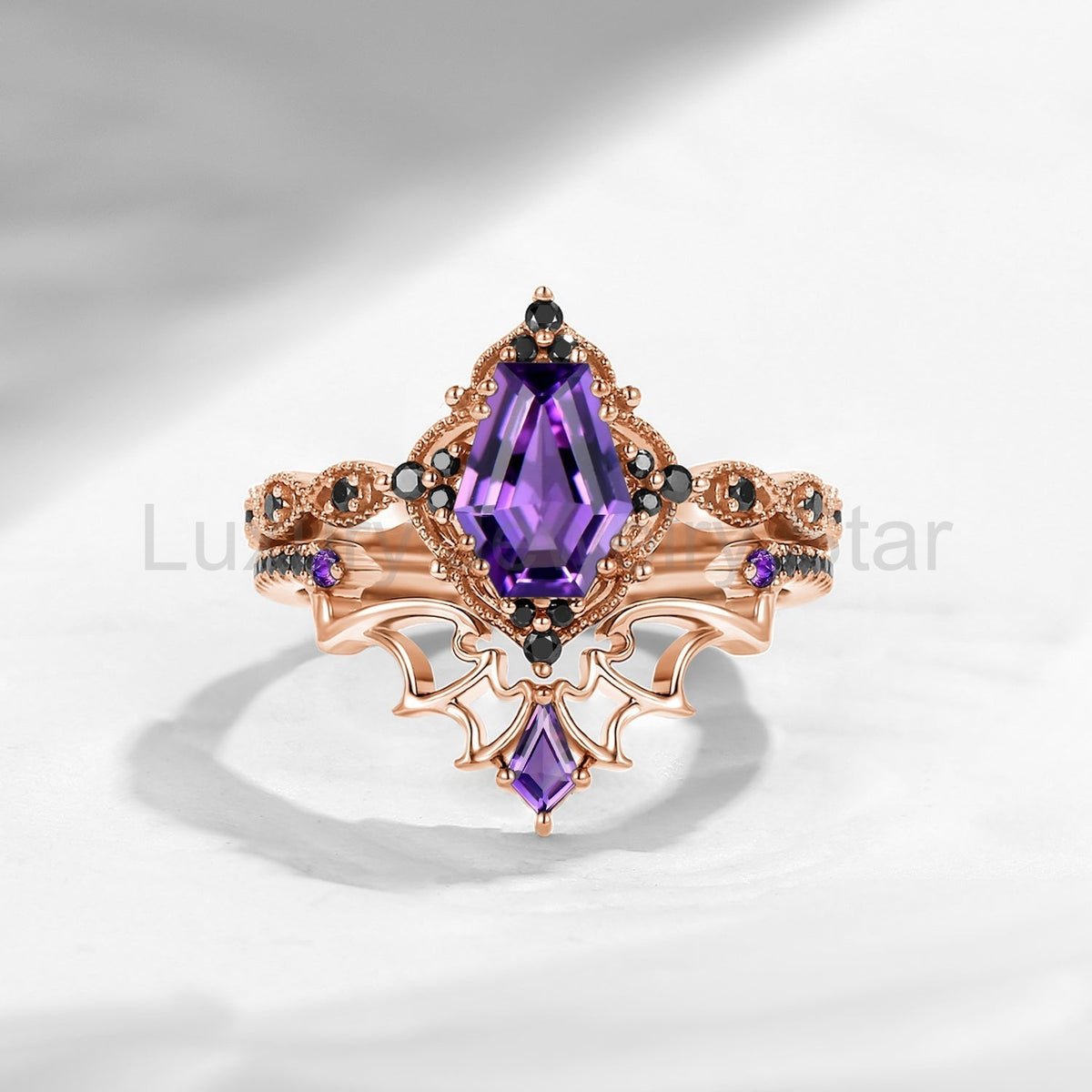 'Dark Romance' - Gothic Coffin Cut Amethyst Engagement Ring Set with Bat Wings in Black - image 23