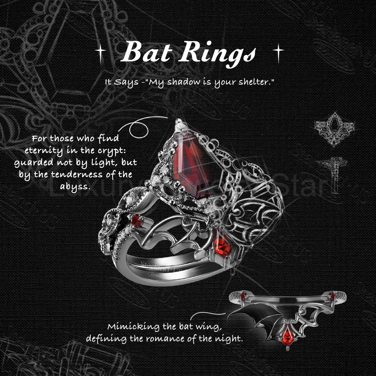 'Dark Romance' - Gothic Coffin Cut Amethyst Engagement Ring Set with Bat Wings in Black - image 3