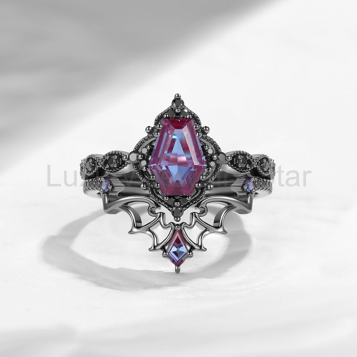 'Dark Romance' - Gothic Coffin Cut Amethyst Engagement Ring Set with Bat Wings in Black - image 7