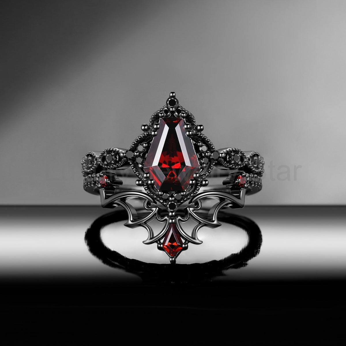 'Dark Romance' - Gothic Coffin Cut Garnet Engagement Ring Set with Bat Wings in Black Gold - Bat