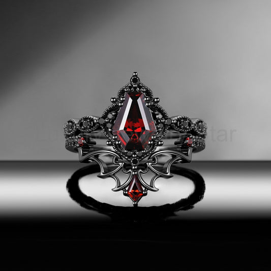 'Dark Romance' - Gothic Coffin Cut Garnet Engagement Ring Set with Bat Wings in Black Gold - Bat