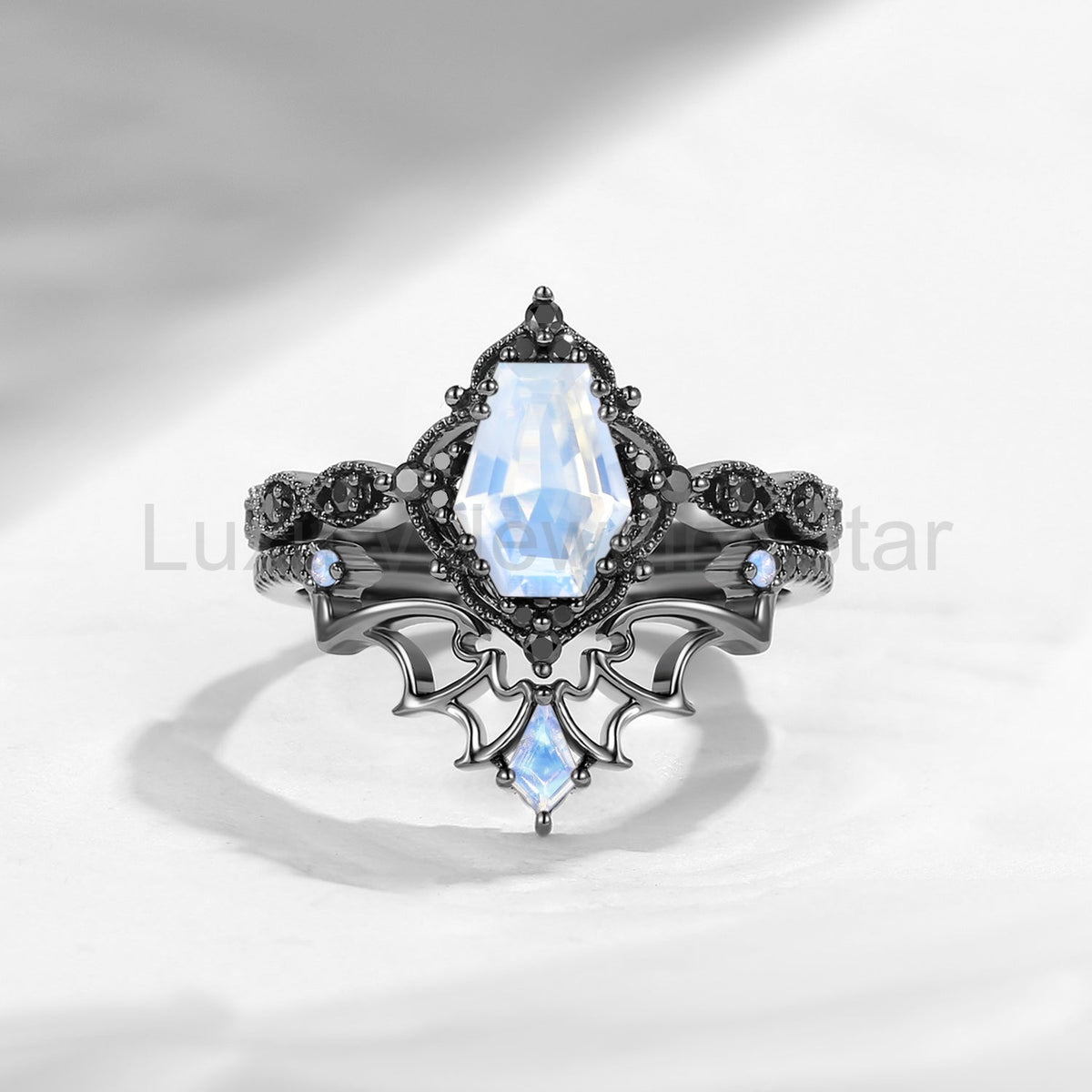 'Dark Romance' - Gothic Coffin Cut Garnet Engagement Ring Set with Bat Wings in Black - image 14