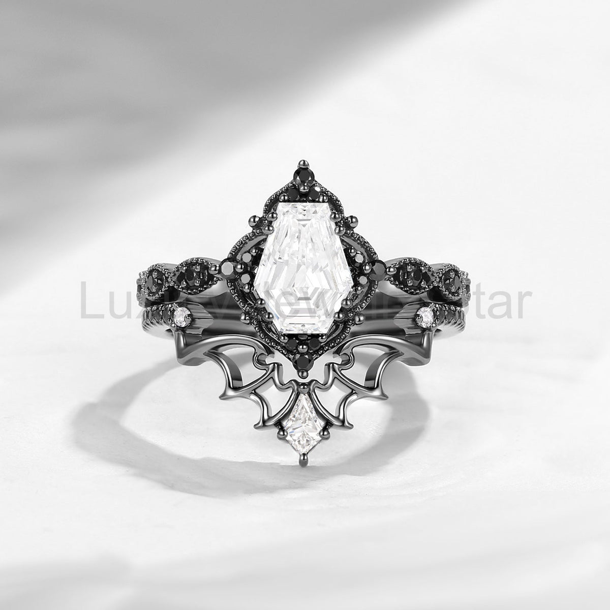 'Dark Romance' - Gothic Coffin Cut Garnet Engagement Ring Set with Bat Wings in Black - image 19
