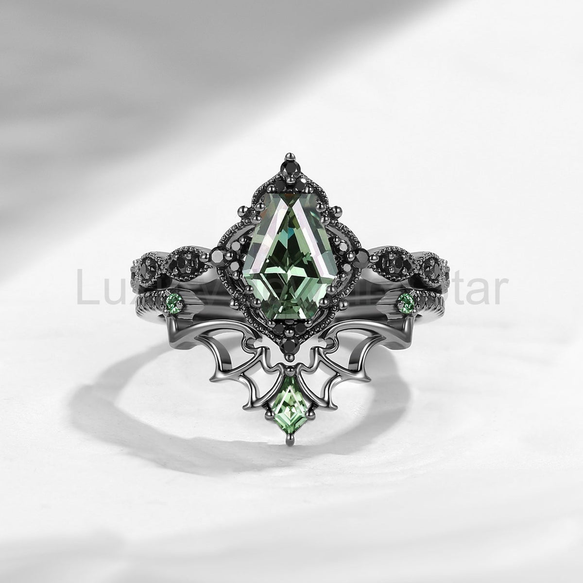 'Dark Romance' - Gothic Coffin Cut Garnet Engagement Ring Set with Bat Wings in Black - image 24