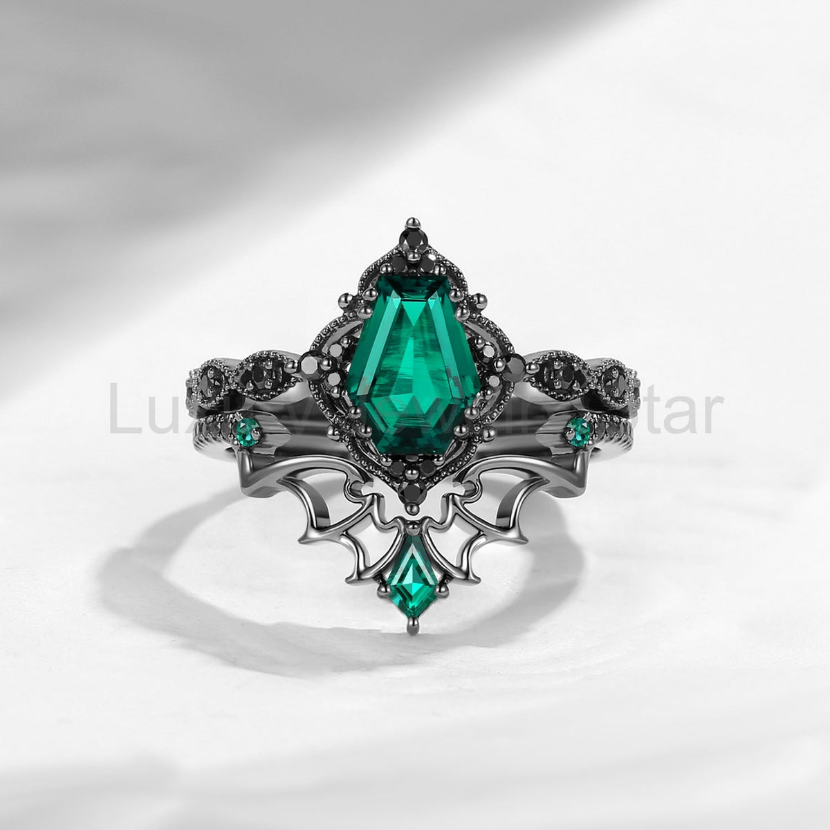 'Dark Romance' - Gothic Coffin Cut Garnet Engagement Ring Set with Bat Wings in Black - image 25