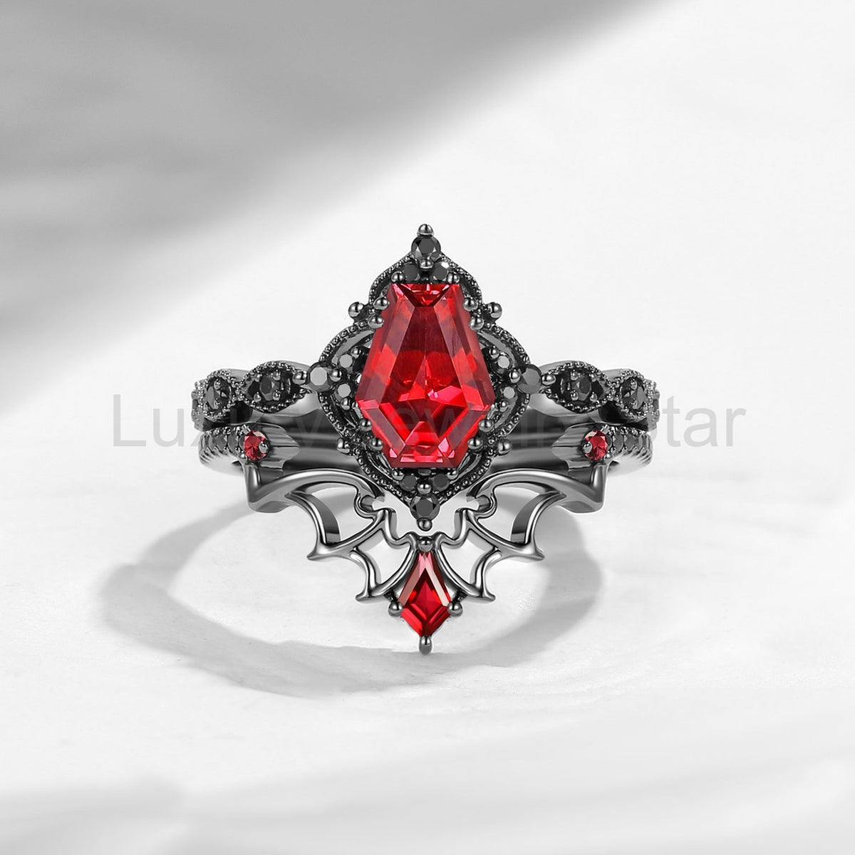 'Dark Romance' - Gothic Coffin Cut Garnet Engagement Ring Set with Bat Wings in Black - image 27
