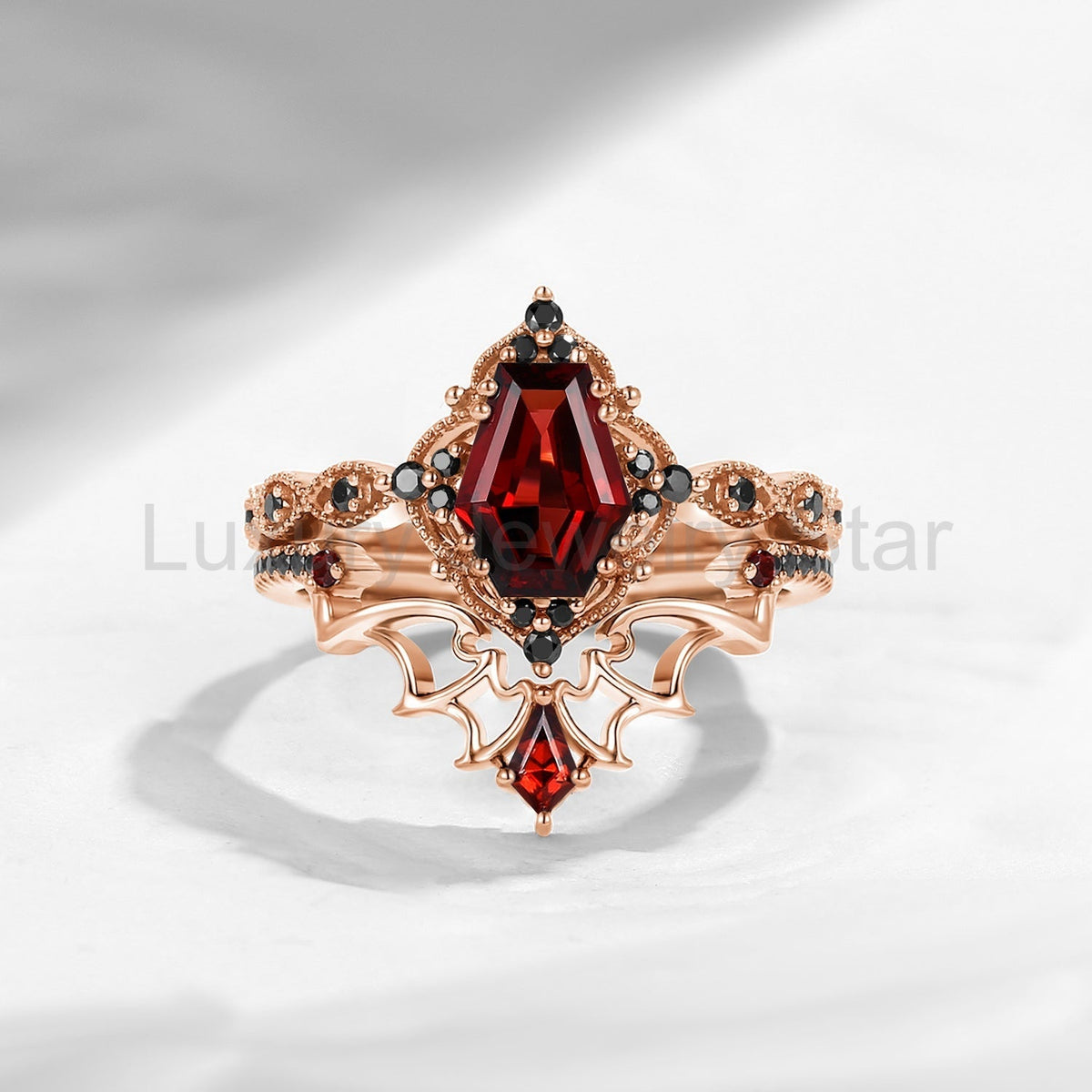 'Dark Romance' - Gothic Coffin Cut Garnet Engagement Ring Set with Bat Wings in Black - image 30