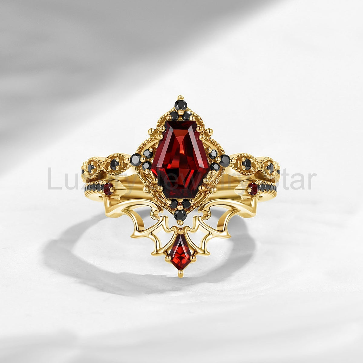 'Dark Romance' - Gothic Coffin Cut Garnet Engagement Ring Set with Bat Wings in Black - image 31