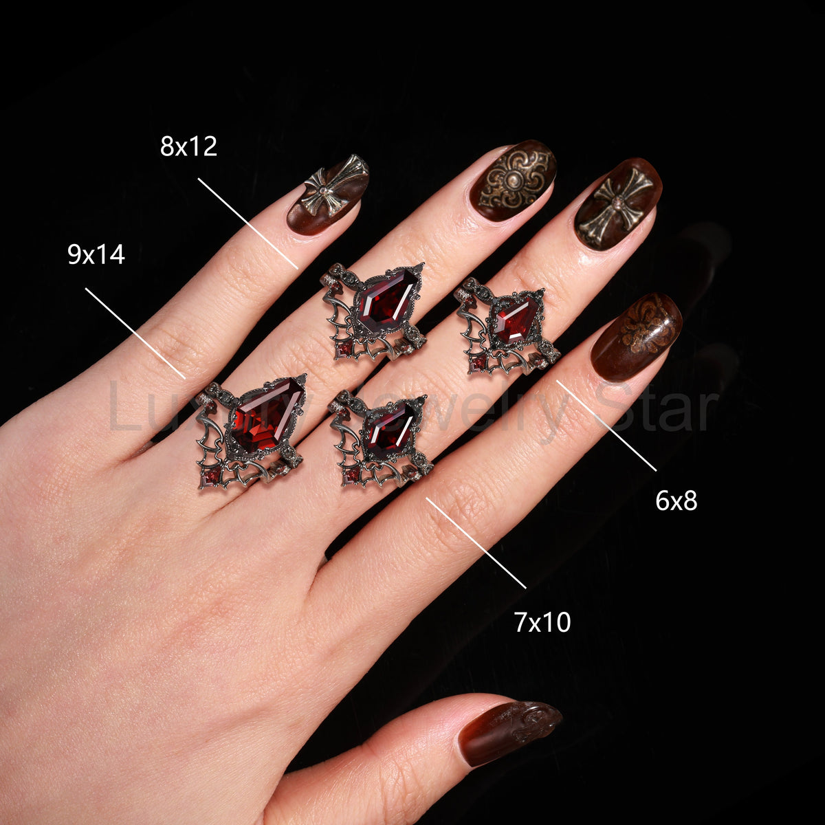 'Dark Romance' - Gothic Coffin Cut Garnet Engagement Ring Set with Bat Wings in Black Gold - image 4
