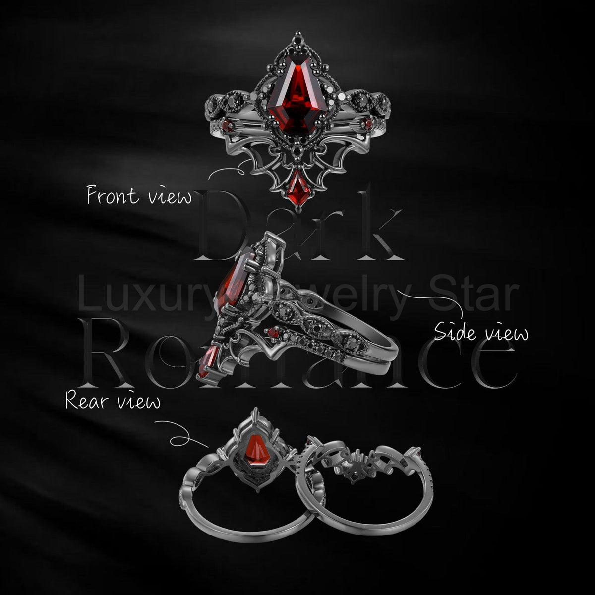 'Dark Romance' - Gothic Coffin Cut Garnet Engagement Ring Set with Bat Wings in Black Gold - image 7