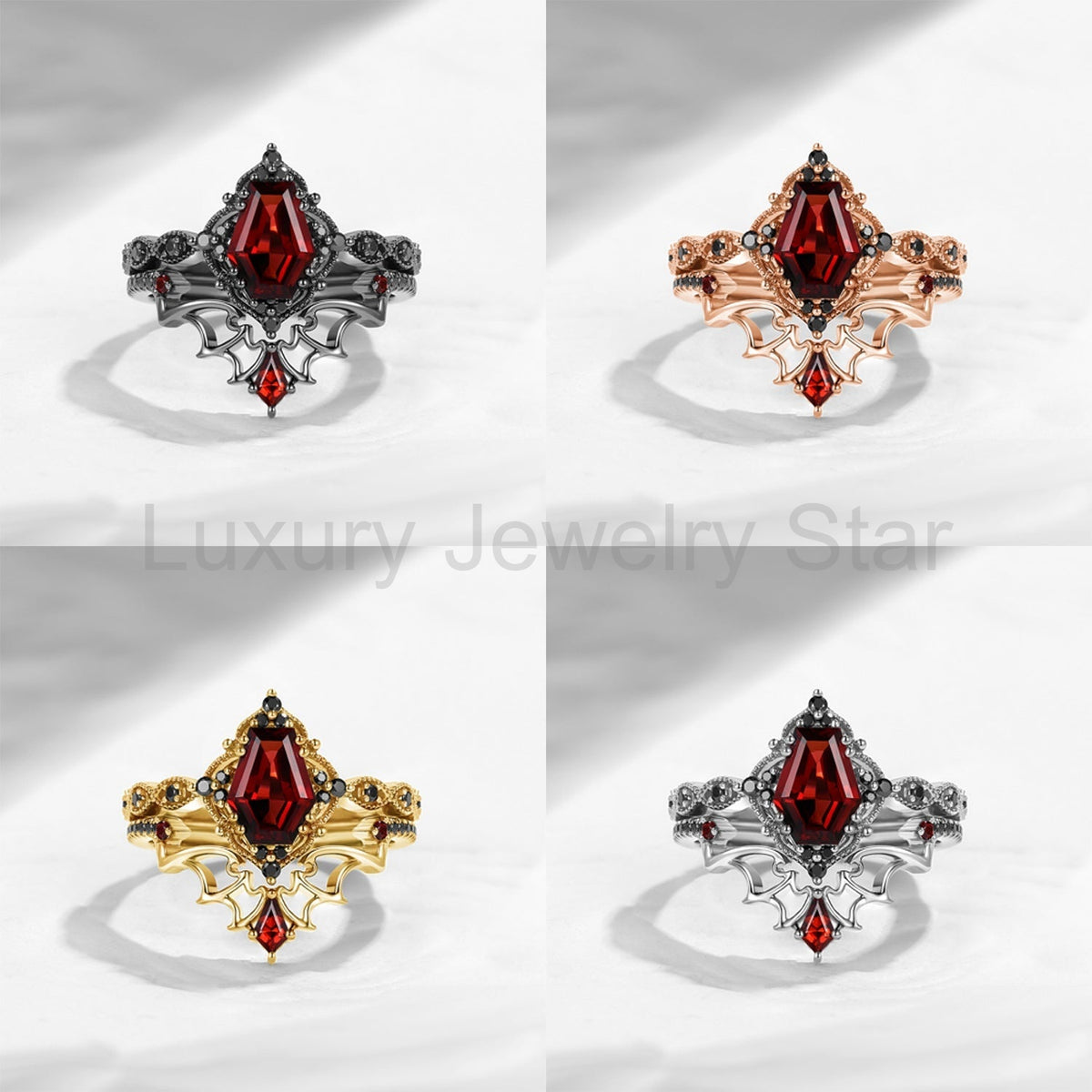 'Dark Romance' - Gothic Coffin Cut Garnet Engagement Ring Set with Bat Wings in Black Gold - image 9