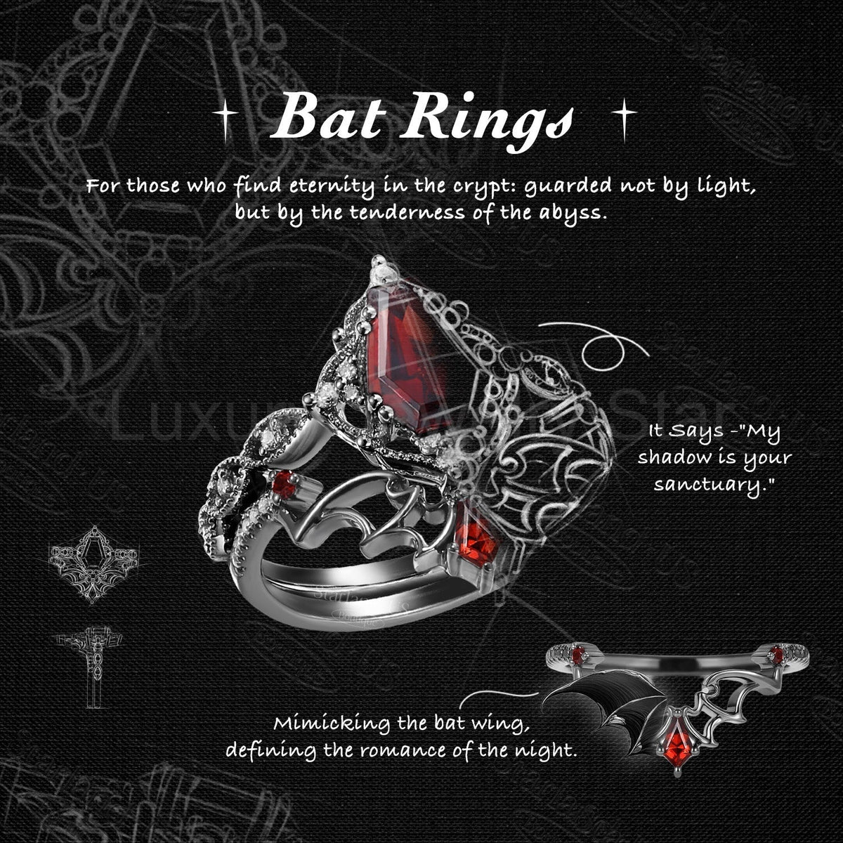 'Dark Romance' - Gothic Coffin Cut Lab Tsavorite Engagement Ring Set with Bat Wings in - image 3