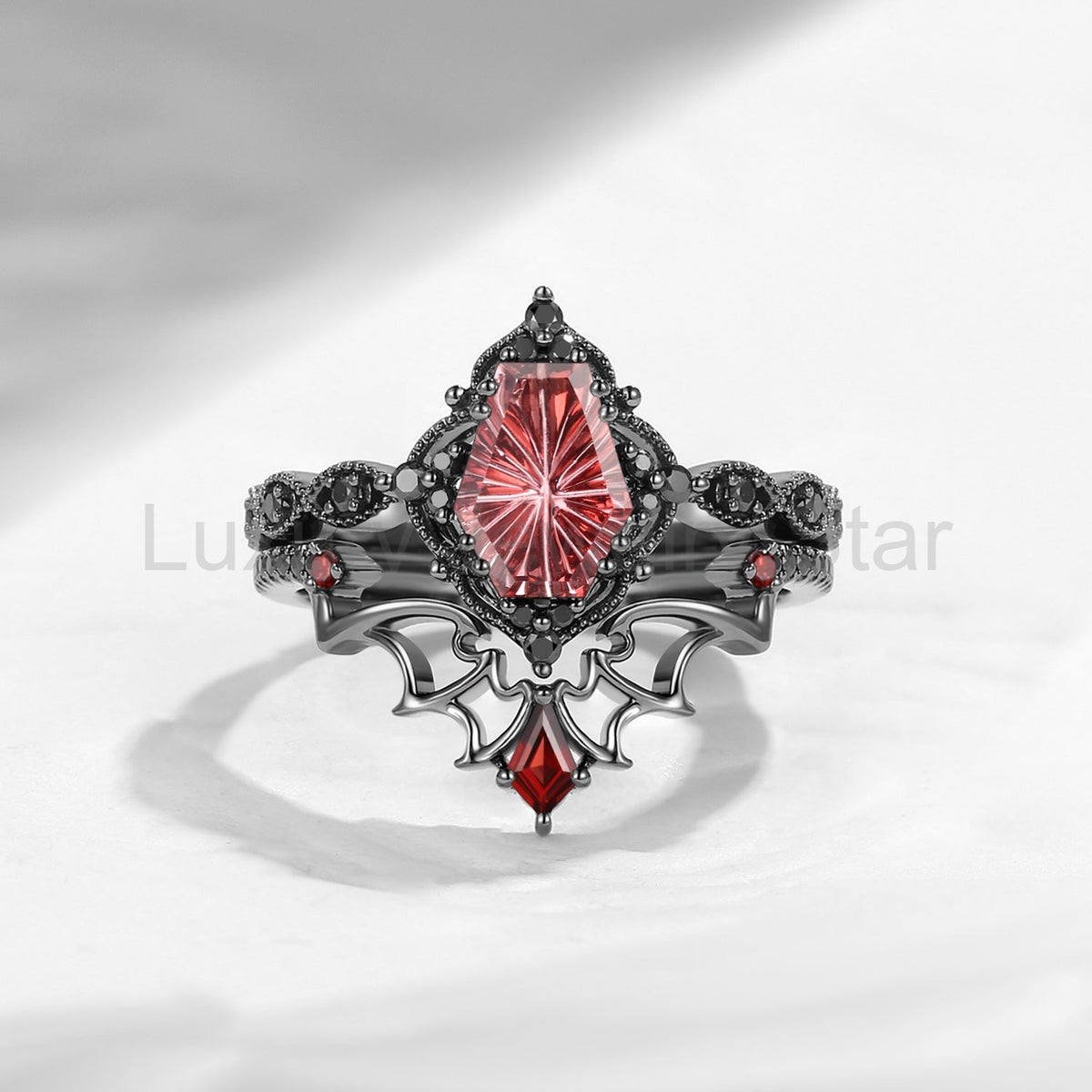 'Dark Romance' - Gothic Fantasy Cut Coffin Garnet Engagement Ring Set with Bat Wings in Black