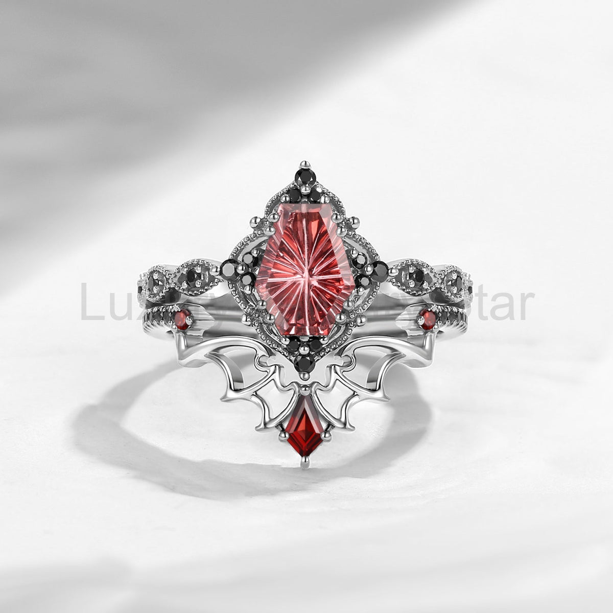 'Dark Romance' - Gothic Fantasy Cut Coffin Garnet Engagement Ring Set with Bat Wings in - image 2