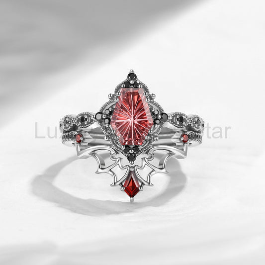 'Dark Romance' - Gothic Fantasy Cut Coffin Garnet Engagement Ring Set with Bat Wings in - image 2
