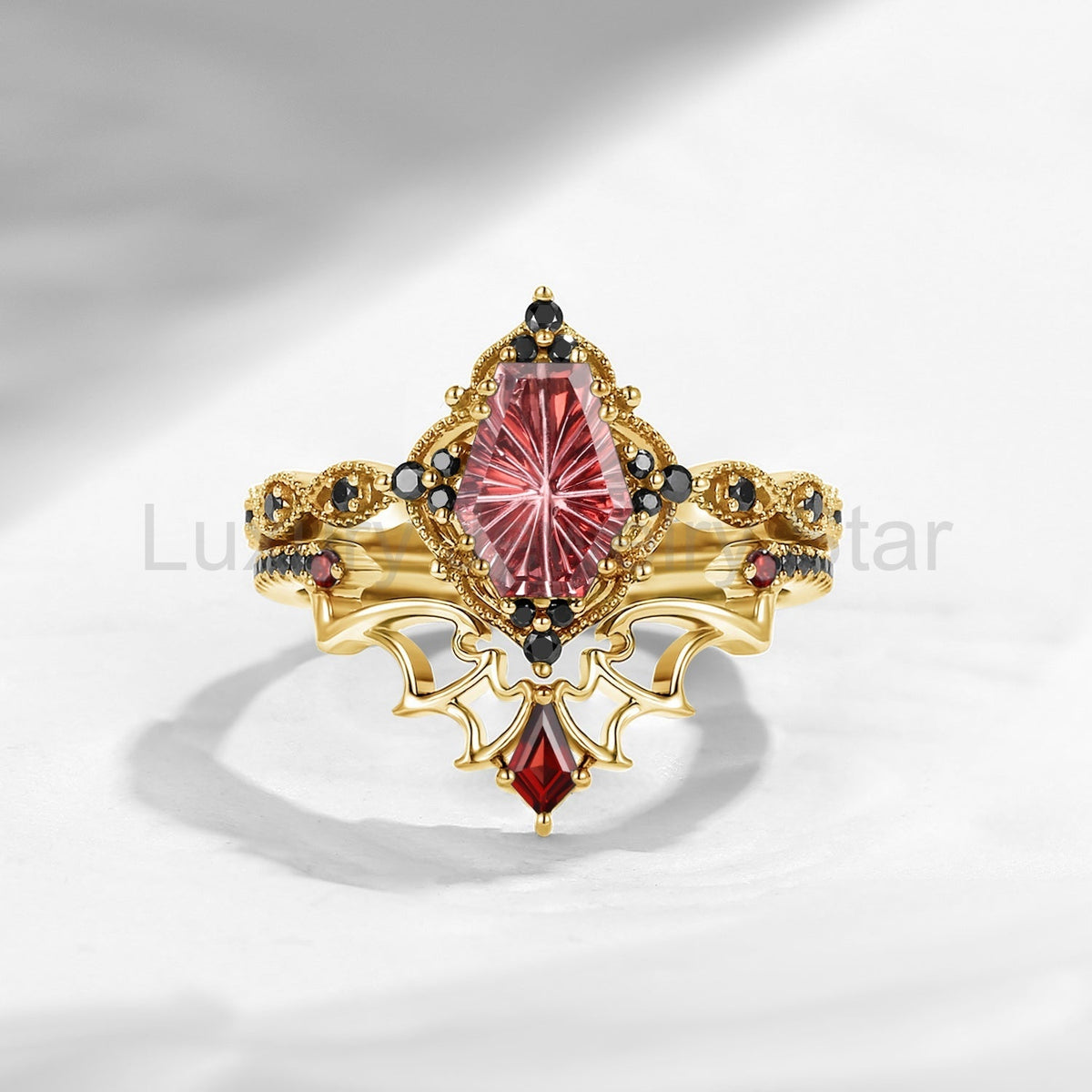 'Dark Romance' - Gothic Fantasy Cut Coffin Garnet Engagement Ring Set with Bat Wings in - image 3