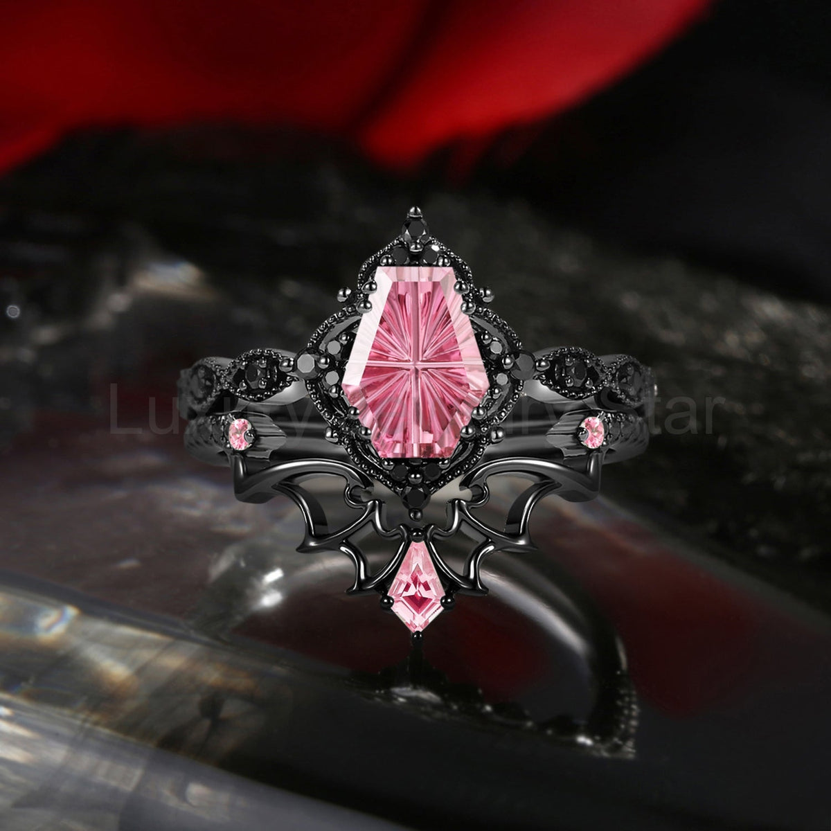 'Dark Romance' – Gothic Fantasy Carved Coffin Natural Pink Tourmaline Engagement Ring Set