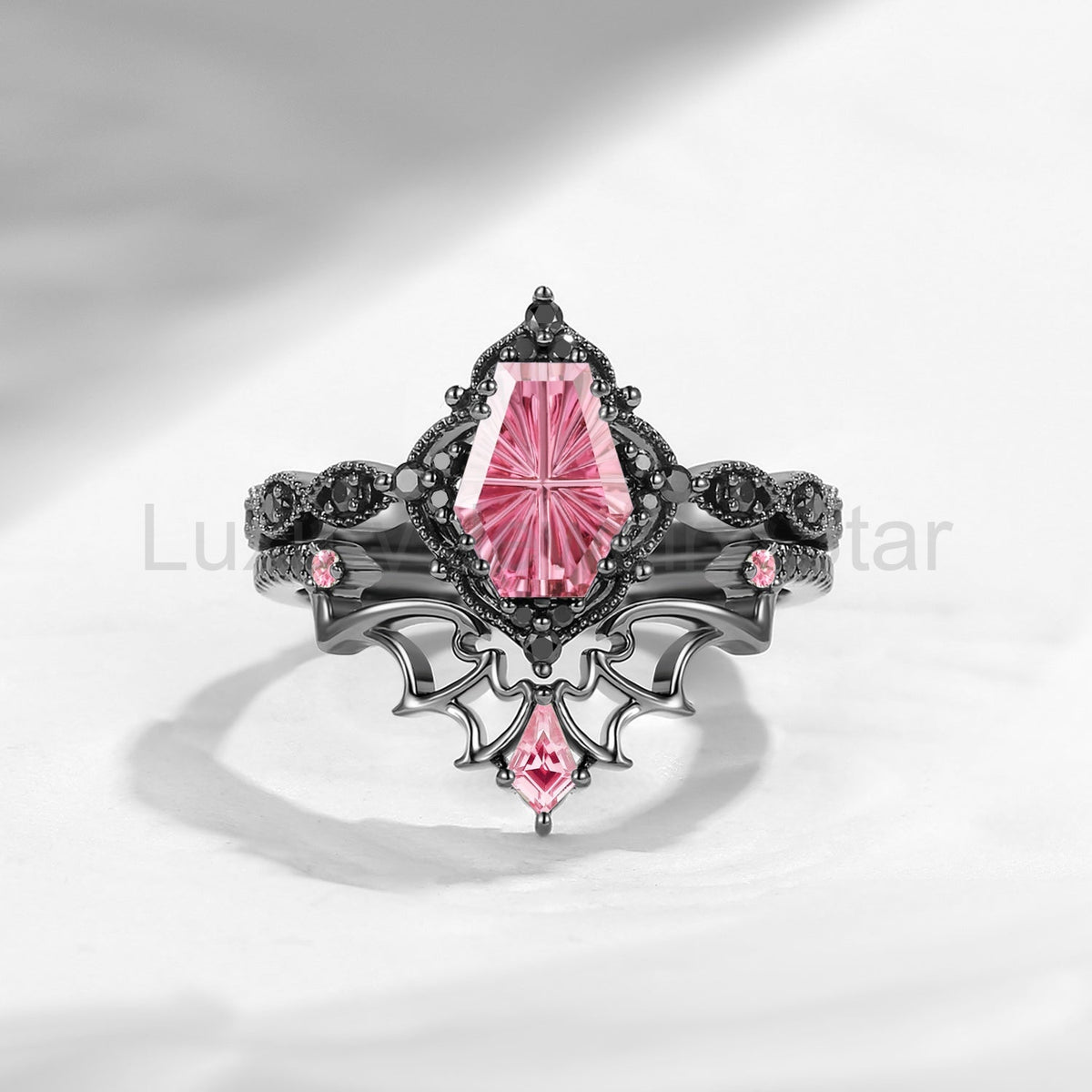 'Dark Romance' – Gothic Fantasy Carved Coffin Natural Pink Tourmaline Engagement Ring Set - image 2