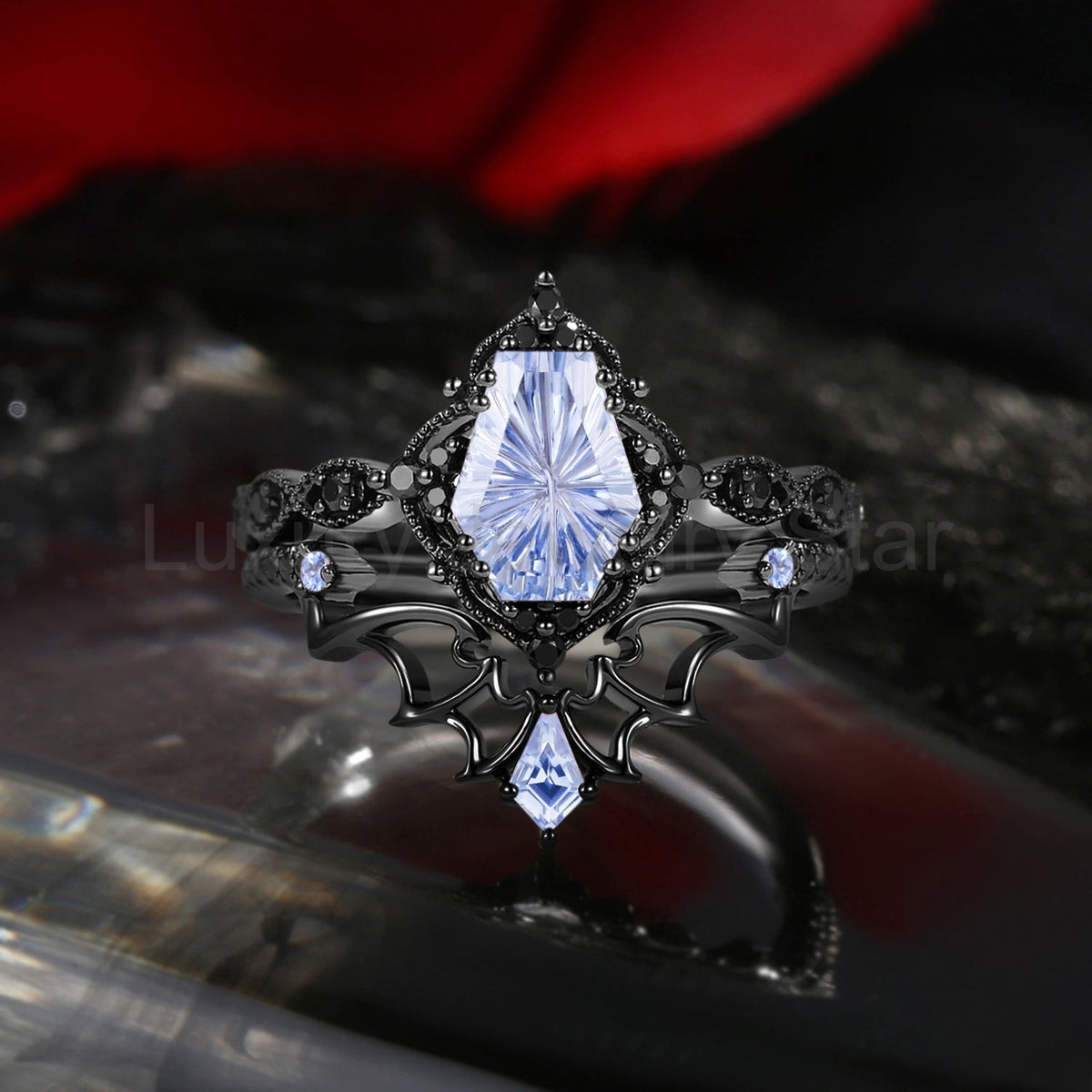 'Dark Romance'– Gothic Fantasy Carved Coffin Lab Cornflower Sapphire Engagement Ring Set