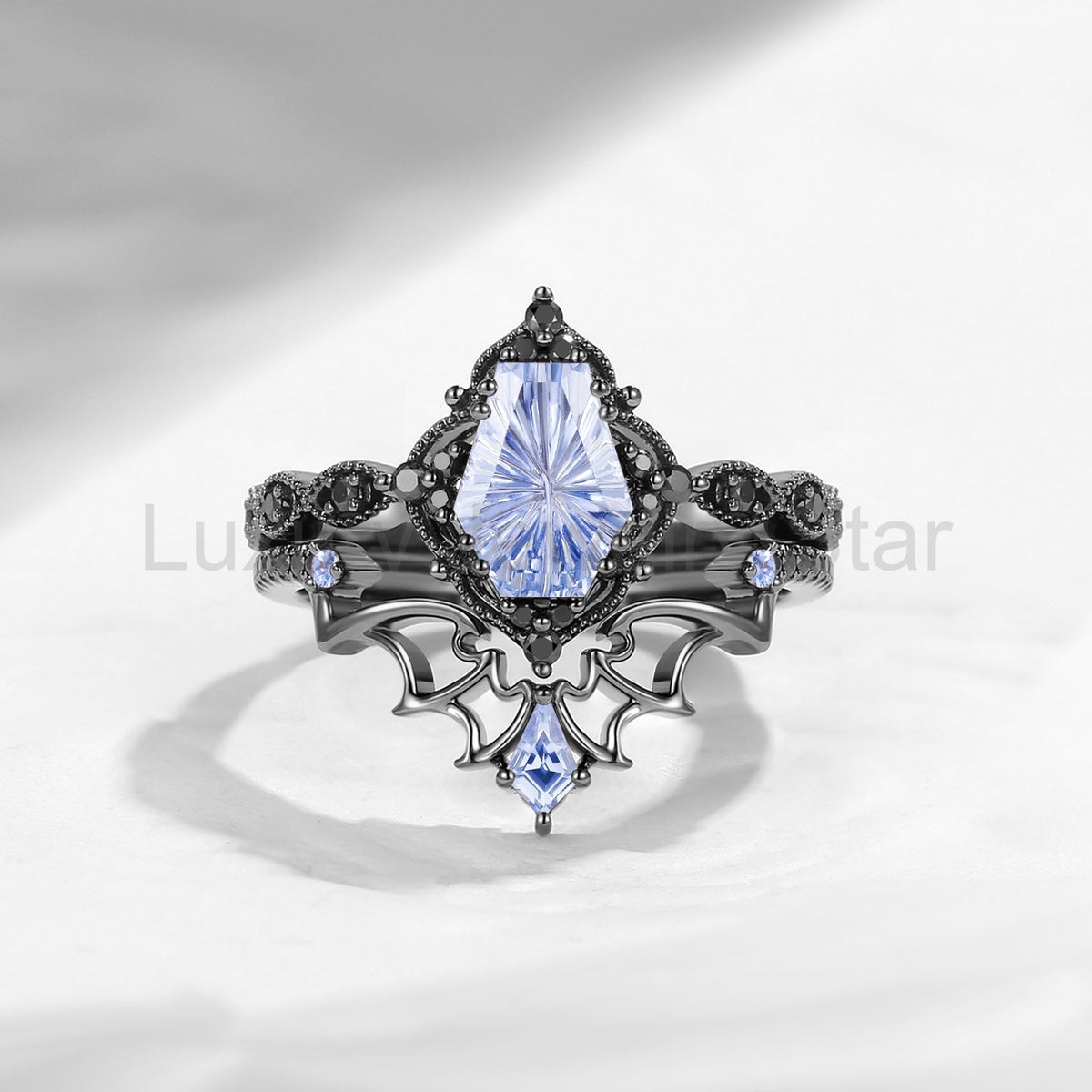 'Dark Romance'– Gothic Fantasy Carved Coffin Lab Cornflower Sapphire Engagement Ring Set - image 2
