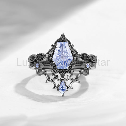 'Dark Romance'– Gothic Fantasy Carved Coffin Lab Cornflower Sapphire Engagement Ring Set - image 2