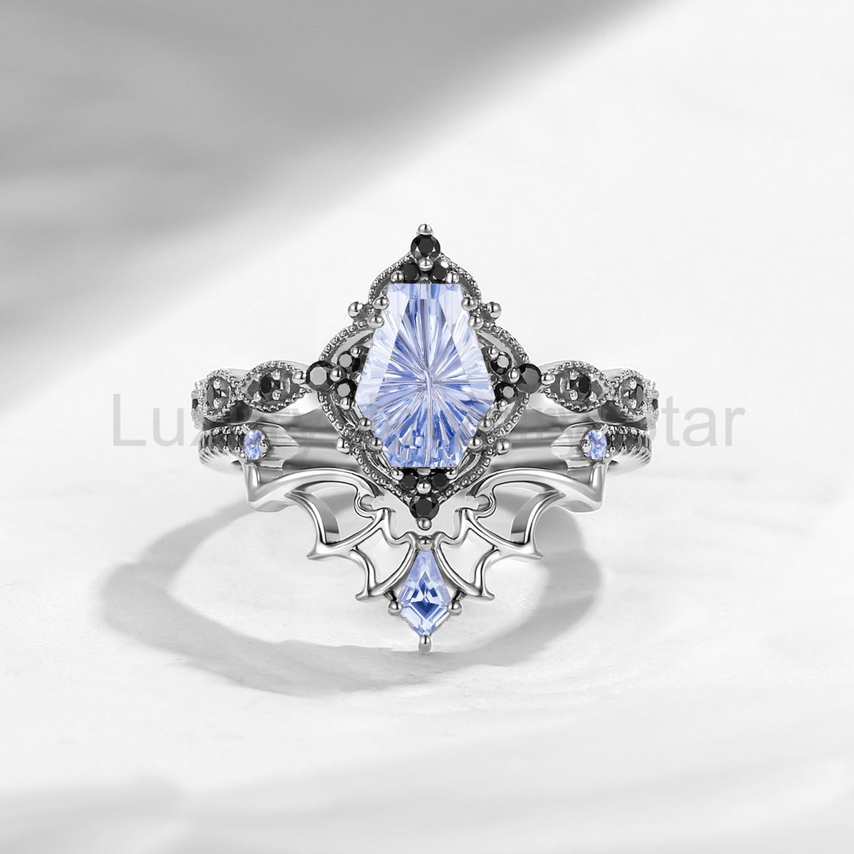 'Dark Romance'– Gothic Fantasy Carved Coffin Lab Cornflower Sapphire Engagement Ring Set - image 4