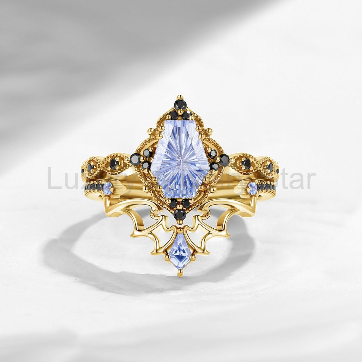 'Dark Romance'– Gothic Fantasy Carved Coffin Lab Cornflower Sapphire Engagement Ring Set - image 5