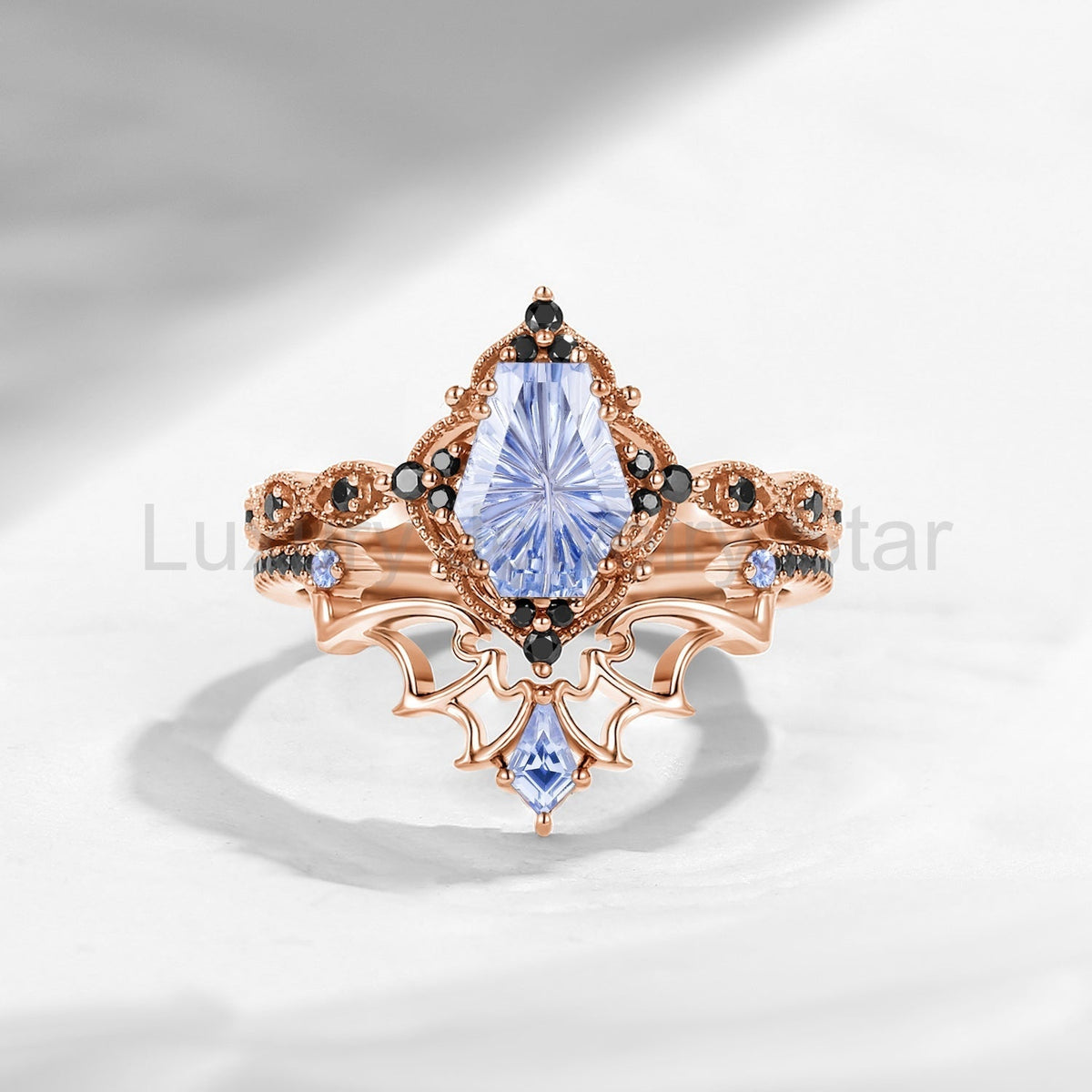 'Dark Romance'– Gothic Fantasy Carved Coffin Lab Cornflower Sapphire Engagement Ring Set - image 6