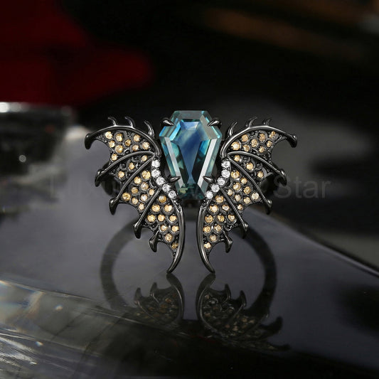 'Dragon' – Gothic One-of-a-Kind Coffin Cut Natural Teal Sapphire Engagement Ring with Diamond