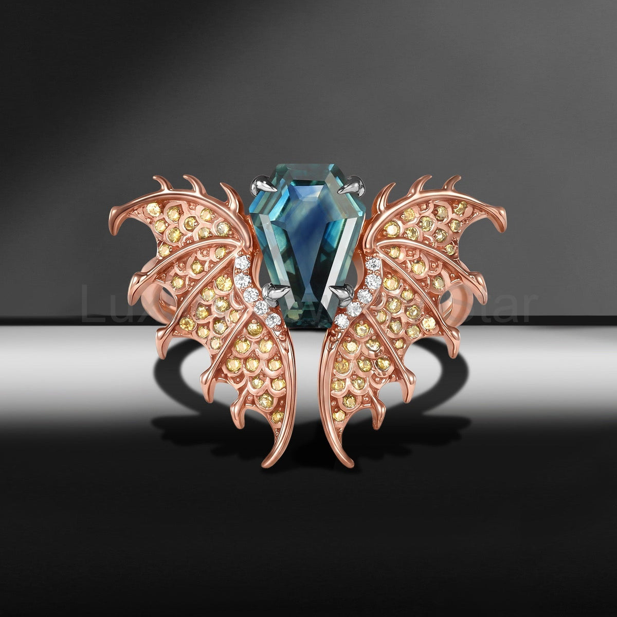 'Dragon' – Gothic One-of-a-Kind Coffin Cut Natural Teal Sapphire Engagement Ring with - image 3