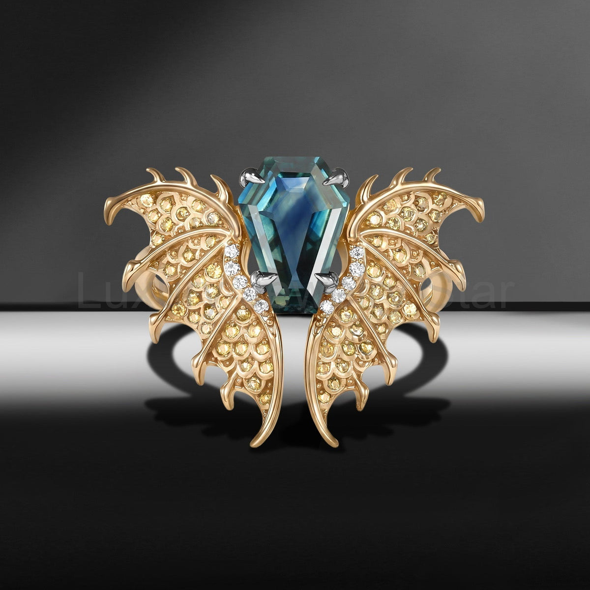 'Dragon' – Gothic One-of-a-Kind Coffin Cut Natural Teal Sapphire Engagement Ring with - image 4