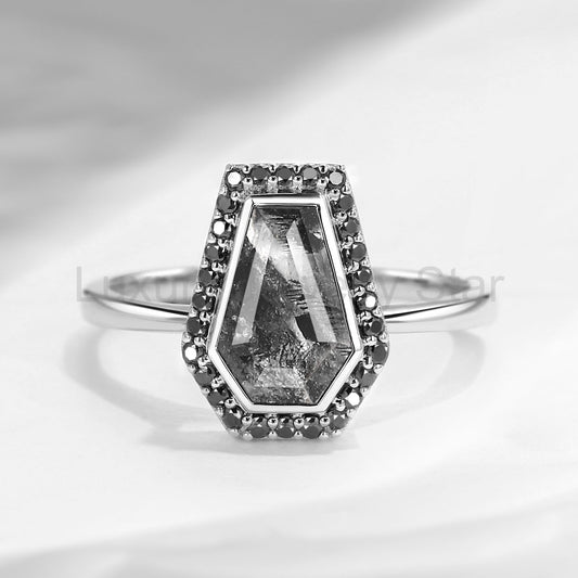 'Goth Girl' - Antique Coffin Cut Herkimer Diamond Gothic Halo Engagement Ring