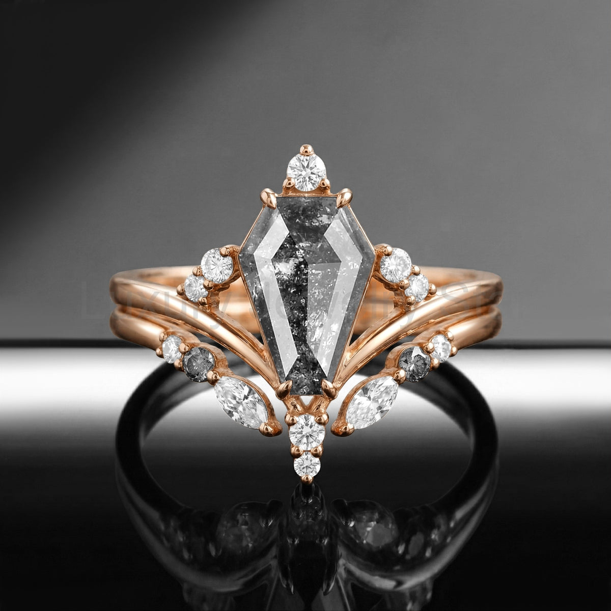 'Loren' - Art-Deco Coffin Cut Salt & Pepper Diamond Cluster Engagement Ring Set 2pcs
