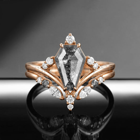 'Loren' - Art-Deco Coffin Cut Salt & Pepper Diamond Cluster Engagement Ring Set 2pcs