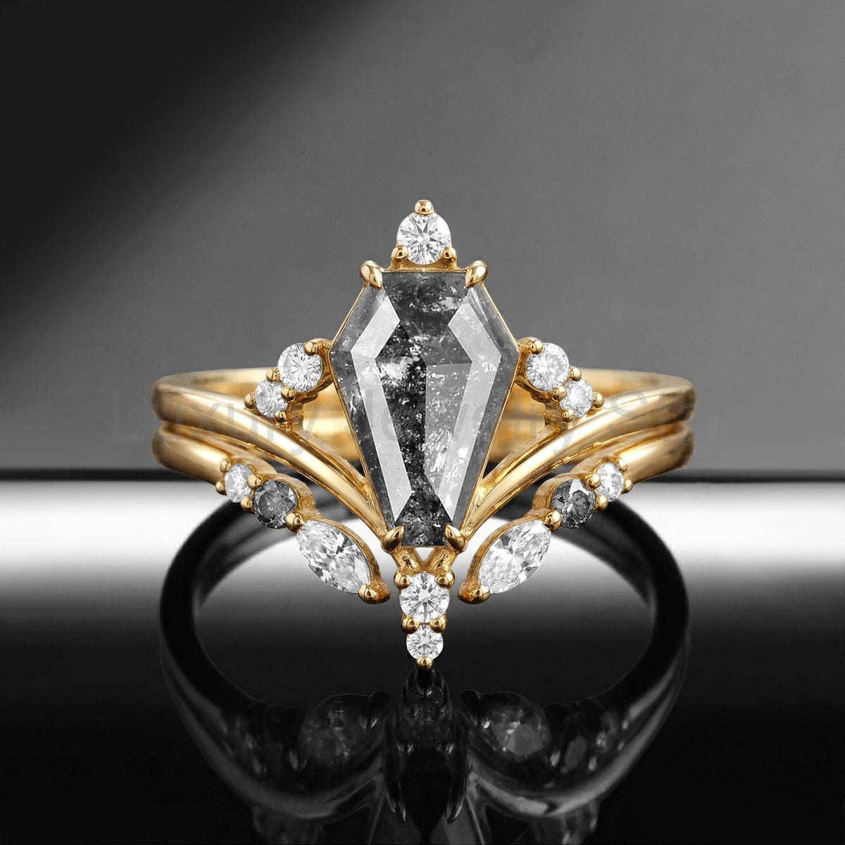 'Loren' - Art-Deco Coffin Cut Salt & Pepper Diamond Cluster Engagement Ring Set 2pcs - image 2