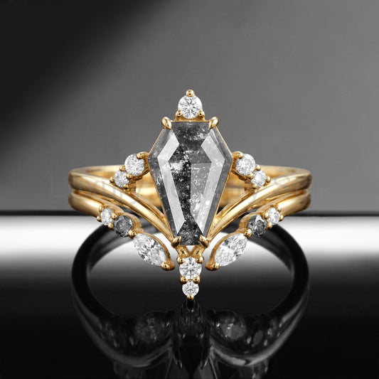 'Loren' - Art-Deco Coffin Cut Salt & Pepper Diamond Cluster Engagement Ring Set 2pcs - image 2