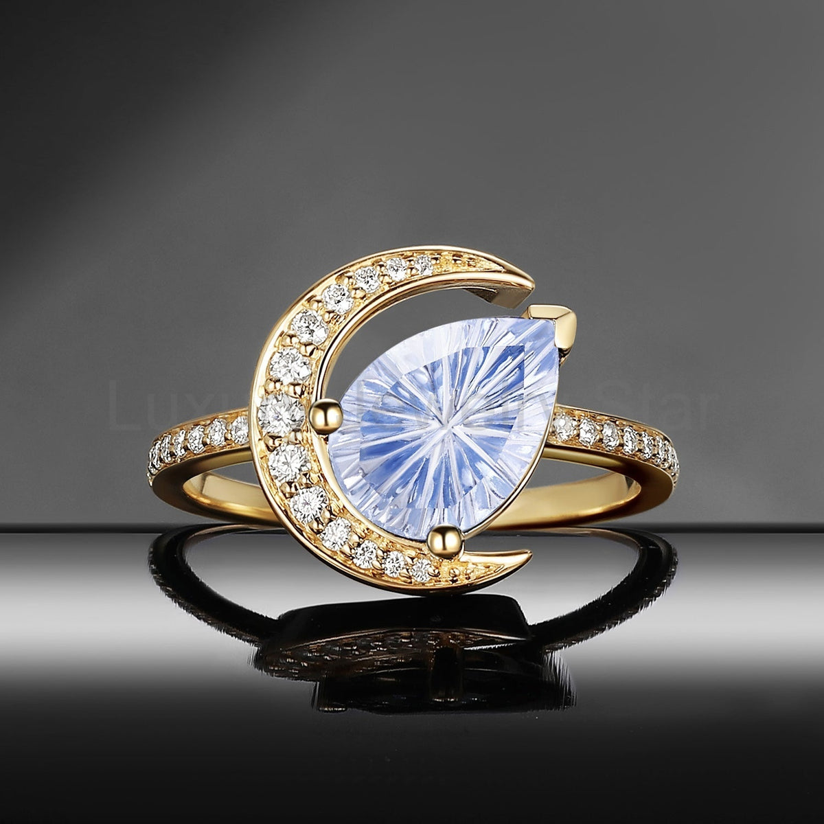 'Moonlit Reverie' - Fantasy Cut Pear Blue Sandstone Tilted Crescent Moon Engagement Ring - image 2