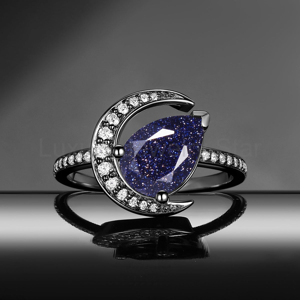 'Moonlit Reverie' - Tilted Pear Cut Blue Sandstone Crescent Moon Engagement Ring - image 4