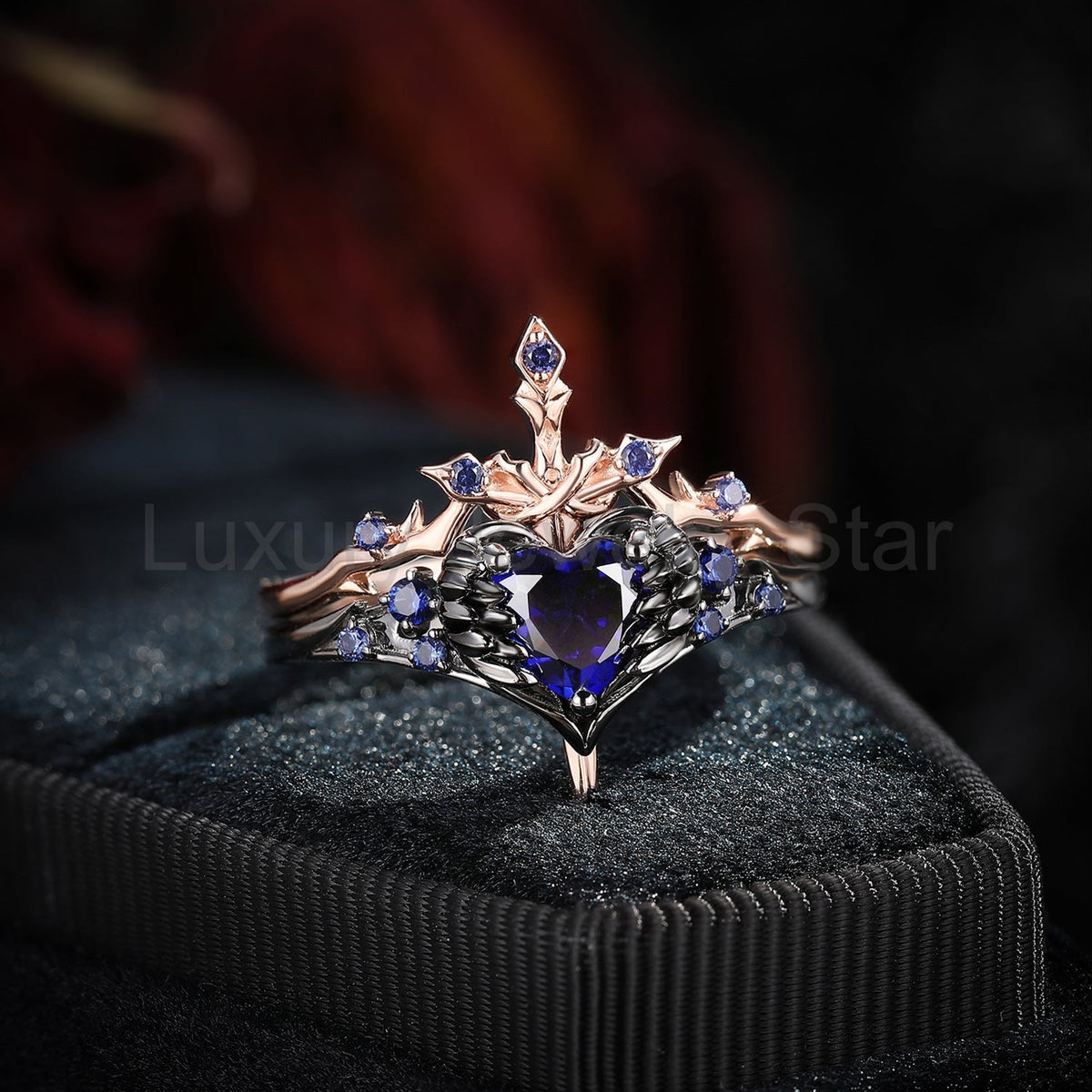 'Pierced Heart' - Gothic Inspired Lab Sapphire Heart Sword Ring Two-Tone Bridal Set