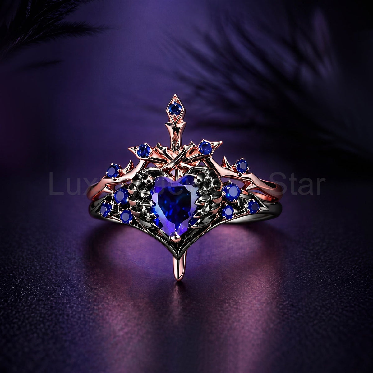 'Pierced Heart' - Gothic Inspired Lab Sapphire Heart Sword Ring Two-Tone Bridal Set - image 2