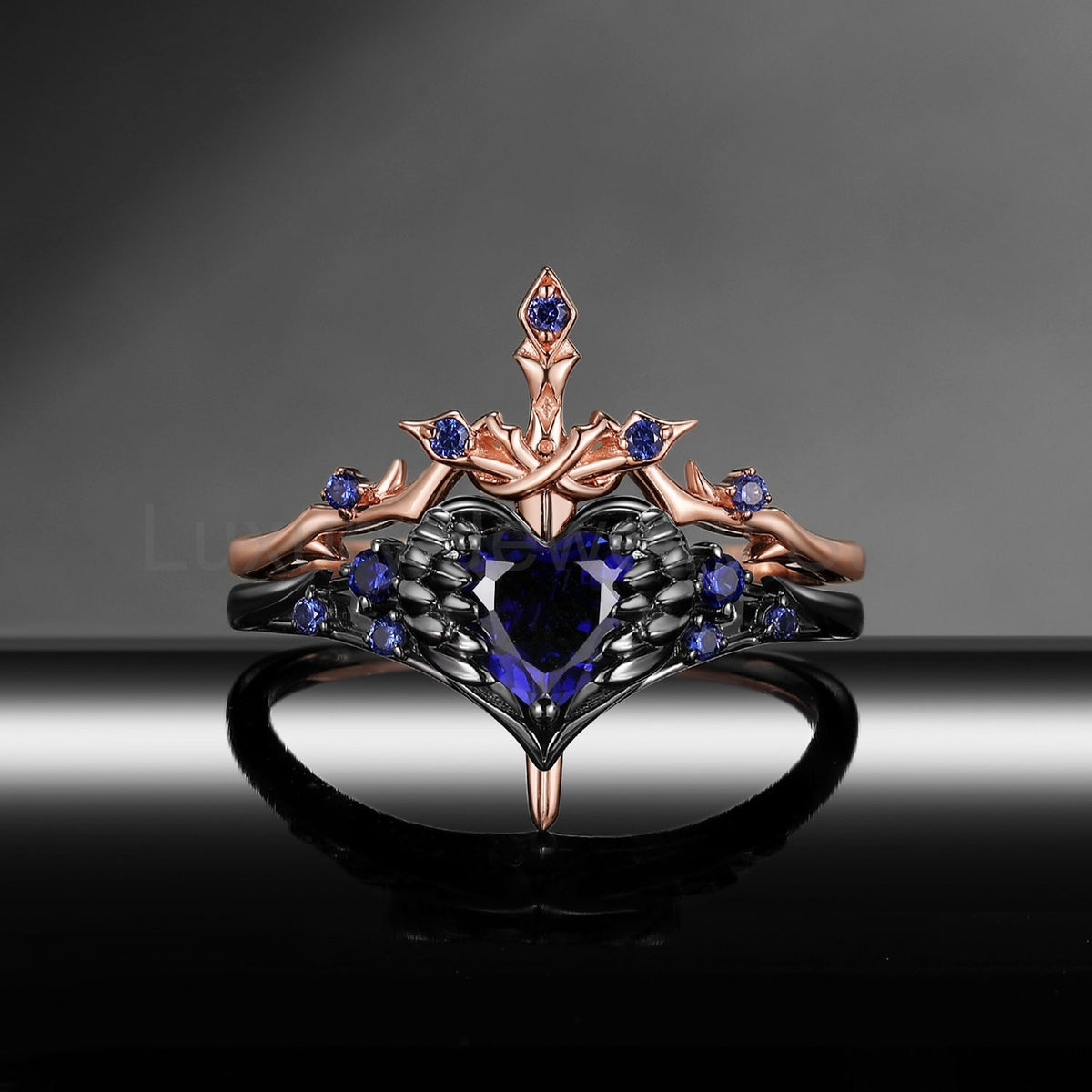 'Pierced Heart' - Gothic Inspired Lab Sapphire Heart Sword Ring Two-Tone Bridal Set - image 5