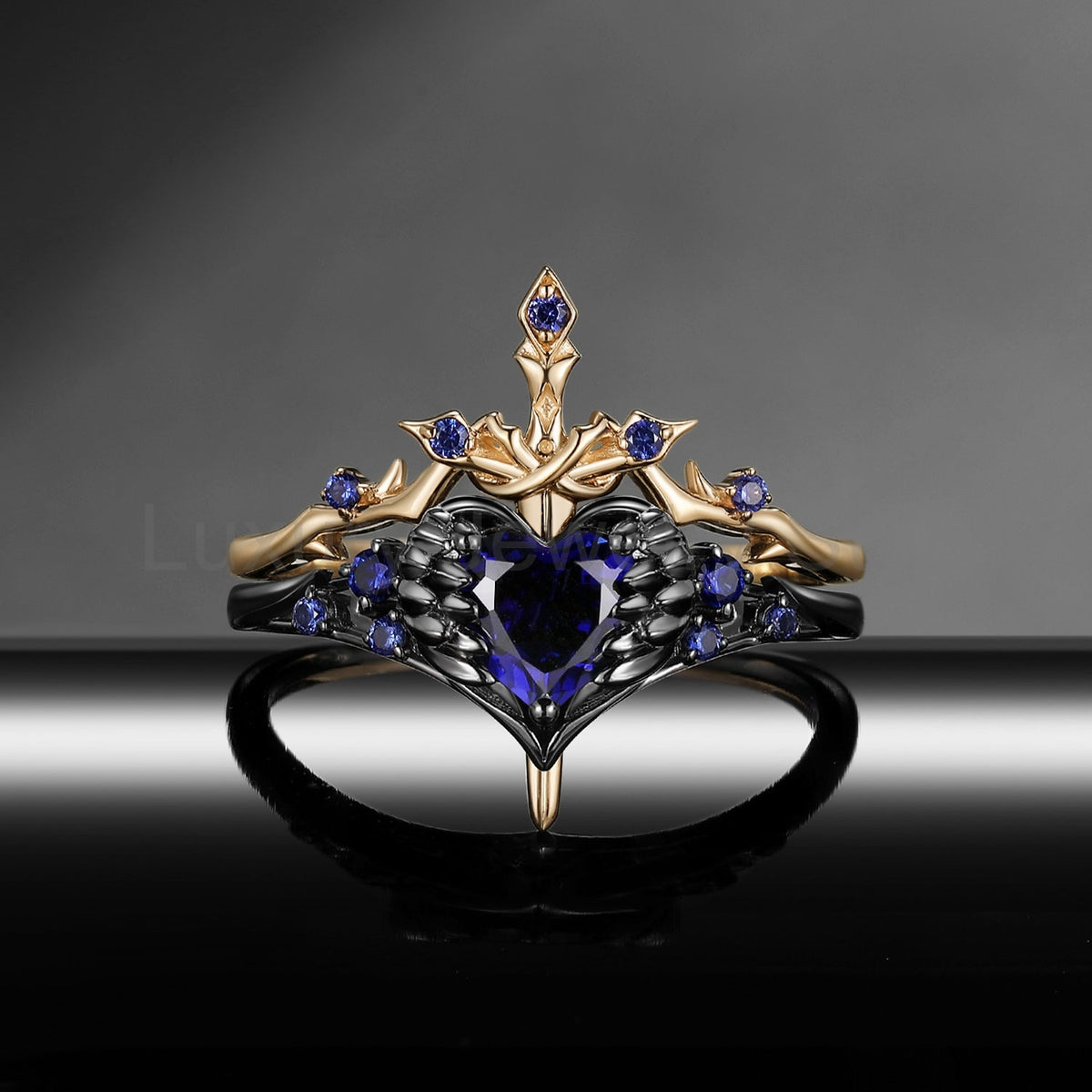 'Pierced Heart' - Gothic Inspired Lab Sapphire Heart Sword Ring Two-Tone Bridal Set - image 7